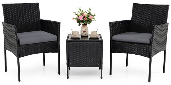 Costway Set mobili da giardino 3 pezzi in rattan con tavolino vetro temperato e 2 poltrone, Arredamento esterno per patio balcone e piscina Grigio
