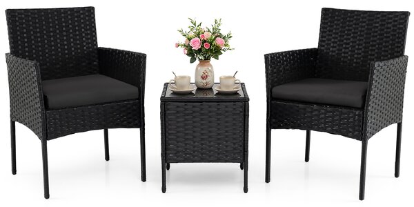 Costway Set mobili da giardino 3 pezzi in rattan con tavolino vetro temperato e 2 poltrone, Arredamento esterno per patio balcone e piscina Nero