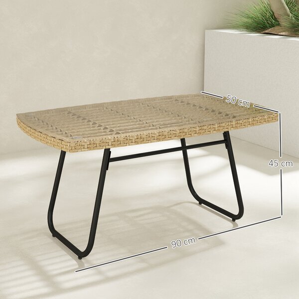 Outsunny Tavolino da giardino in resina intrecciata, 90x50x45 cm, tavolino da giardino con piano in vetro temperato, naturale | Aosom Italy