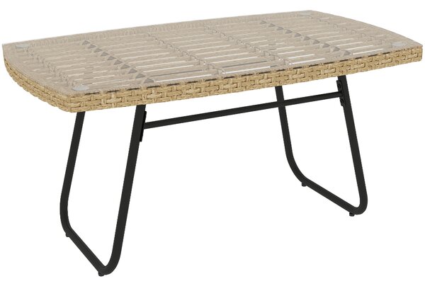 Outsunny Tavolino da giardino in resina intrecciata, 90x50x45 cm, tavolino da giardino con piano in vetro temperato, naturale | Aosom Italy