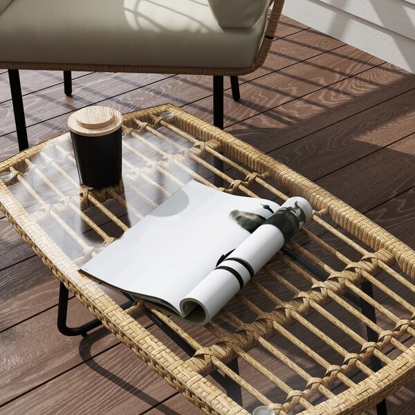 Outsunny Tavolino da giardino in resina intrecciata, 90x50x45 cm, tavolino da giardino con piano in vetro temperato, naturale | Aosom Italy