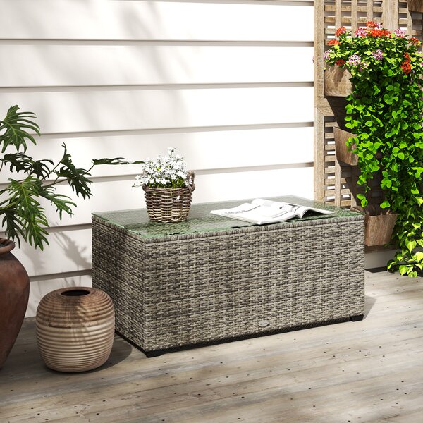 Outsunny Tavolino da giardino, tavolino d'appoggio in resina intrecciata con piano in vetro temperato, 90 x 50 x 38 cm, grigio scuro | Aosom Italy