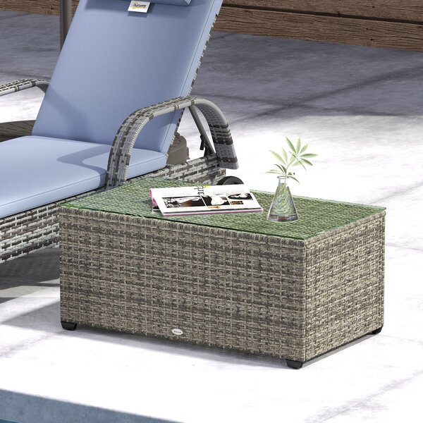 Outsunny Tavolino da giardino, tavolino d'appoggio in resina intrecciata con piano in vetro temperato, 90 x 50 x 38 cm, grigio scuro | Aosom Italy