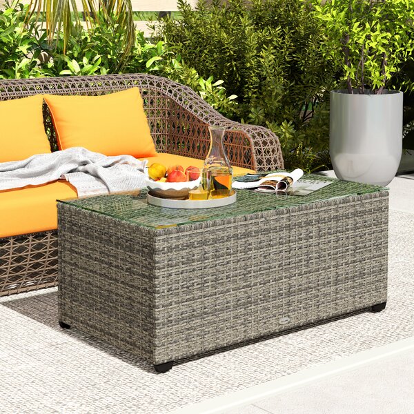 Outsunny Tavolino da giardino, tavolino d'appoggio in resina intrecciata con piano in vetro temperato, 90 x 50 x 38 cm, grigio scuro | Aosom Italy