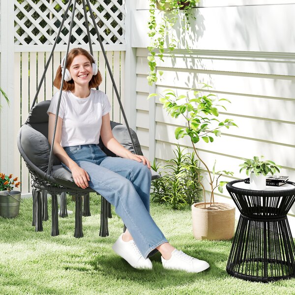 Outsunny Sedia sospesa con grande cuscino imbottito amaca poltrona sospesa con frange kit di sospensione 80 x 60 x 40 cm grigio scuro | Aosom Italy