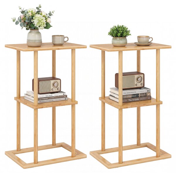 Costway Tavolino laterale compatto in bamboo con mensole portaoggetti 2 pezzi, Tavolino d'appoggio per soggiorno e camera da letto