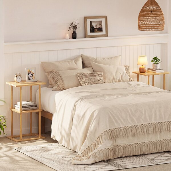 Costway Tavolino laterale compatto in bamboo con mensole portaoggetti 2 pezzi, Tavolino d'appoggio per soggiorno e camera da letto