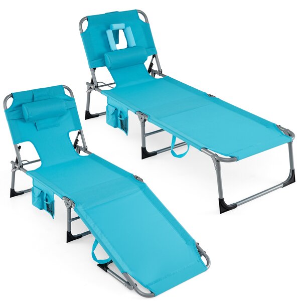 Costway Sdraio giardino pieghevole con schienale regolabile in 4 posizioni, Sedia a sdraio portatile con cusini e tasche laterali Turchese
