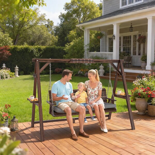 Outsunny Dondolo da giardino, 3 posti in legno, dondolo con cuscino e vassoi fino a 330 kg, Carbonizzato | Aosom Italy