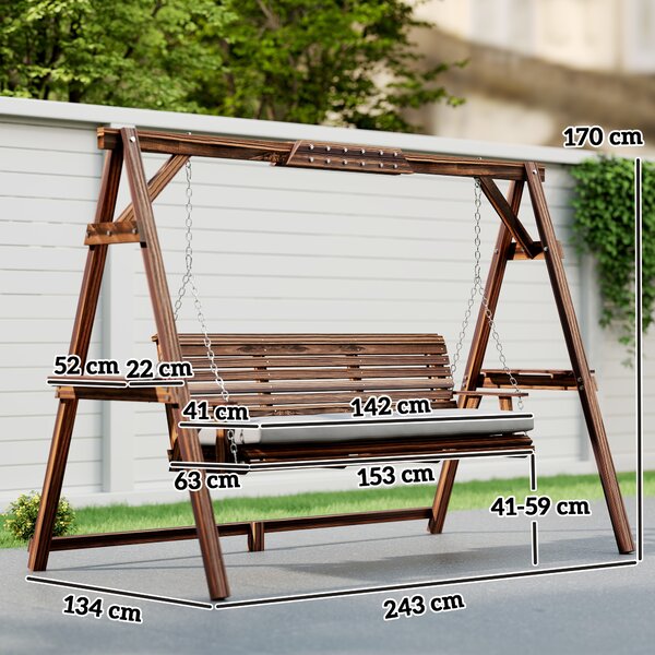 Outsunny Dondolo da giardino, 3 posti in legno, dondolo con cuscino e vassoi fino a 330 kg, Carbonizzato | Aosom Italy