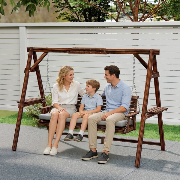 Outsunny Dondolo da giardino, 3 posti in legno, dondolo con cuscino e vassoi fino a 330 kg, Carbonizzato | Aosom Italy