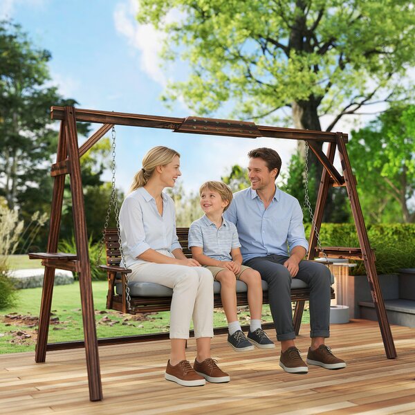Outsunny Dondolo da giardino, 3 posti in legno, dondolo con cuscino e vassoi fino a 330 kg, Carbonizzato | Aosom Italy