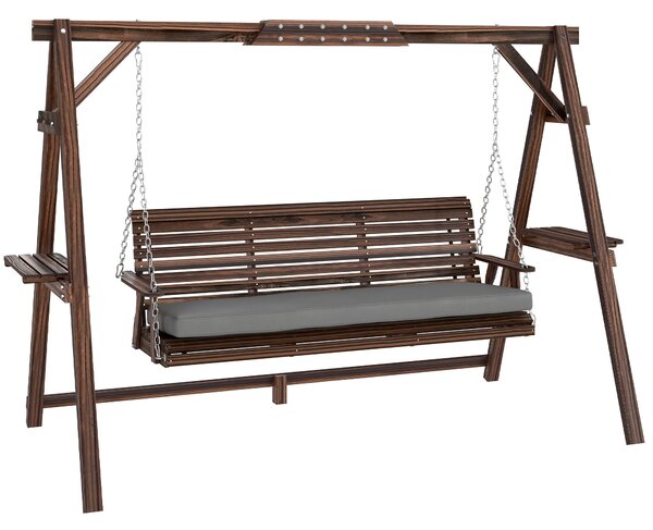 Outsunny Dondolo da giardino, 3 posti in legno, dondolo con cuscino e vassoi fino a 330 kg, Carbonizzato | Aosom Italy