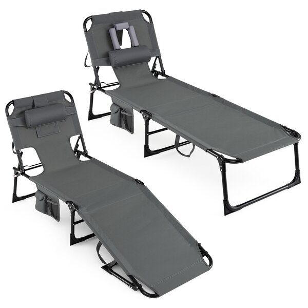 Costway Sdraio giardino pieghevole con schienale regolabile in 4 posizioni, Sedia a sdraio portatile con cusini e tasche laterali Grigio