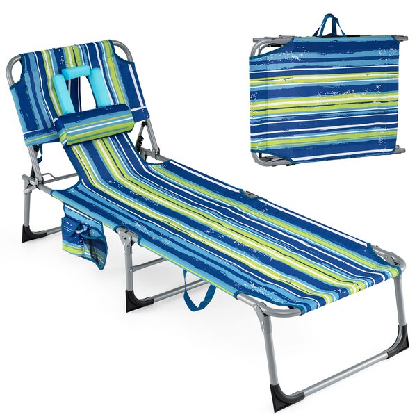 Costway Sdraio giardino pieghevole con schienale regolabile in 4 posizioni, Sedia a sdraio portatile con cusini e tasche laterali Blu