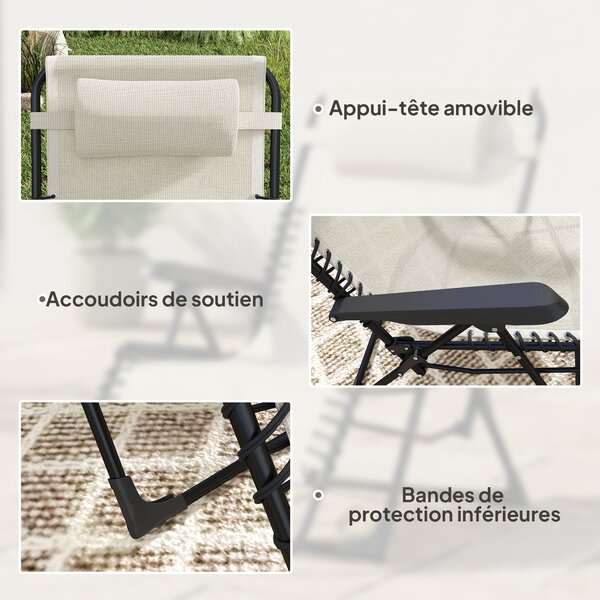Outsunny Set da 2 lettini prendisole pieghevoli regolabili con poggiatesta in textilene, 90 x 65 x 112 cm, beige | Aosom Italy