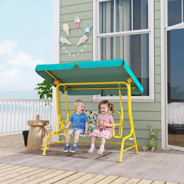 AIYAPLAY Altalena Hollywood per bambini 2 posti con tettuccio regolabile e cintura di sicurezza per 3-6 anni fino a 60 kg 112x75x120cm Verde | Aosom Italy