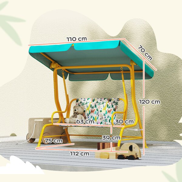 AIYAPLAY Altalena Hollywood per bambini 2 posti con tettuccio regolabile e cintura di sicurezza per 3-6 anni fino a 60 kg 112x75x120cm Verde | Aosom Italy
