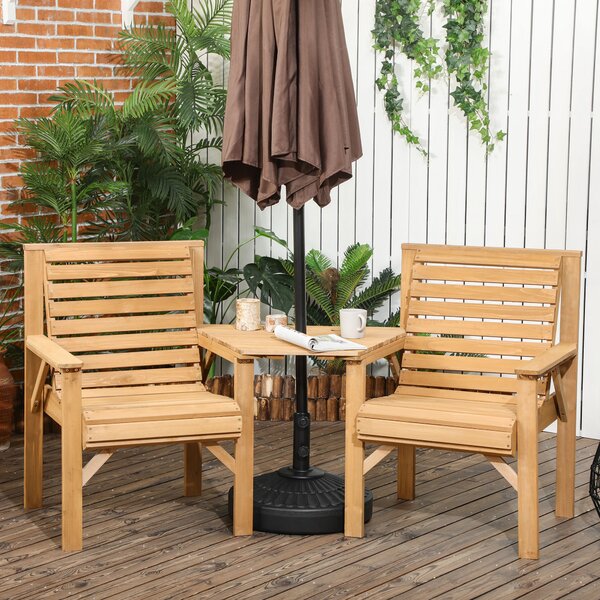 Outsunny Set bistro 3 pezzi in legno resistente alle intemperie con design a lamelle e foro per ombrellone Marrone | Aosom Italy