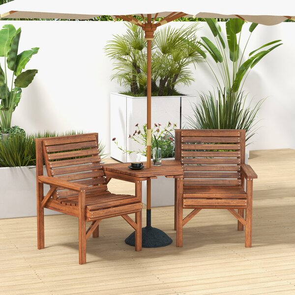 Outsunny Set bistro 3 pezzi in legno resistente alle intemperie Set mobili da giardino con design a doghe foro per ombrellone Carbonizzato | Aosom Italy