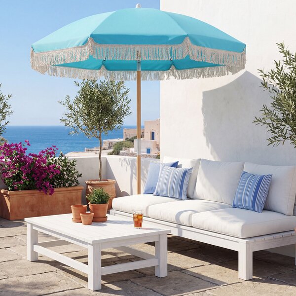 Costway Ombrellone da spiaggia con frange 8 stecche in fibra di vetro 180 cm, Palo in legno senza base per giardino piscina terrazza Blu