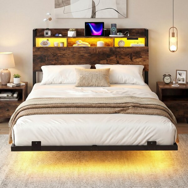 Costway Struttura letto fluttuante matrimoniale con luci led, Letto industriale in metallo con contenitore robusto senza rete a molle Marrone