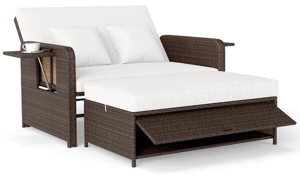 Costway Divano letto in rattan per patio set 2 pezzi con pouf contenitore tavolini laterali pieghevoli, Divanetto per giardino & piscina Bianco