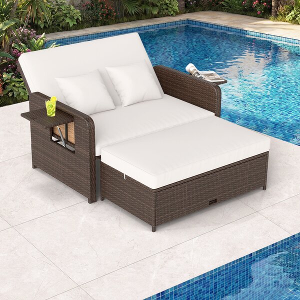 Costway Divano letto in rattan per patio set 2 pezzi con pouf contenitore tavolini laterali pieghevoli, Divanetto per giardino & piscina Bianco