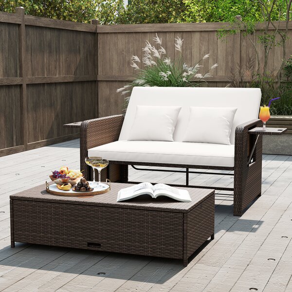 Costway Divano letto in rattan per patio set 2 pezzi con pouf contenitore tavolini laterali pieghevoli, Divanetto per giardino & piscina Bianco