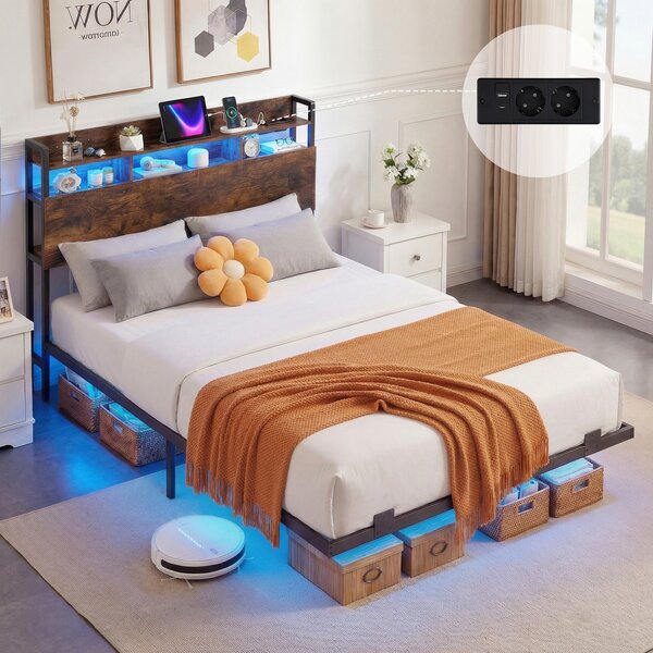 Costway Struttura letto fluttuante matrimoniale con luci led, Letto industriale in metallo con contenitore robusto senza rete a molle Marrone