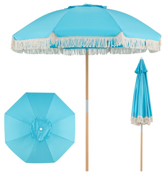 Costway Ombrellone da spiaggia con frange 8 stecche in fibra di vetro 180 cm, Palo in legno senza base per giardino piscina terrazza Blu