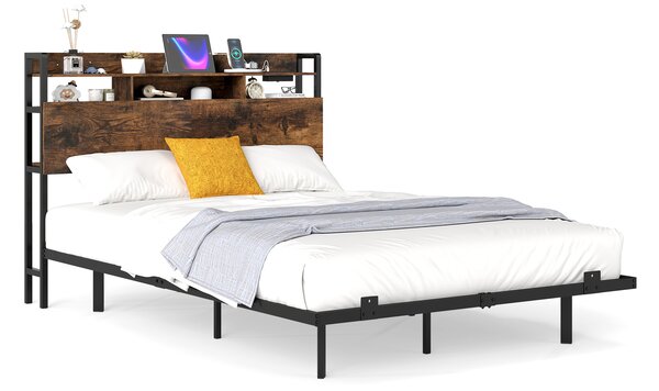 Costway Struttura letto fluttuante matrimoniale con luci led, Letto industriale in metallo con contenitore robusto senza rete a molle Marrone