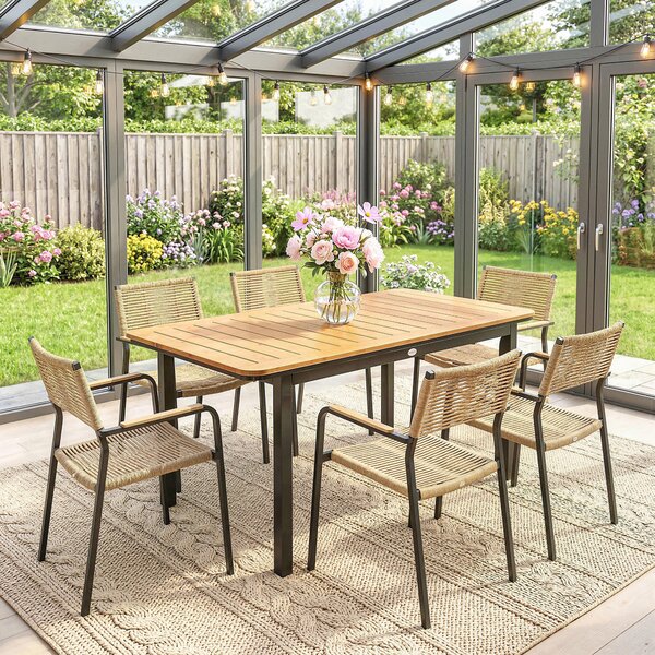 Outsunny Tavolo da Giardino per 6 Persone, 127 x 70 cm, Tavolo da Esterno con Piano a Doghe in Legno-Plastica, Struttura in Metallo | Aosom Italy