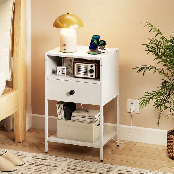 Costway Set di 2 comodini stazione ricarica stile industriale scomparto aperto cassetto, 2 Tavolini con ripiano inferiore compatto Bianco