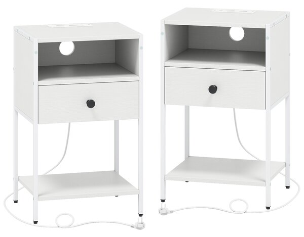 Costway Set di 2 comodini stazione ricarica stile industriale scomparto aperto cassetto, 2 Tavolini con ripiano inferiore compatto Bianco