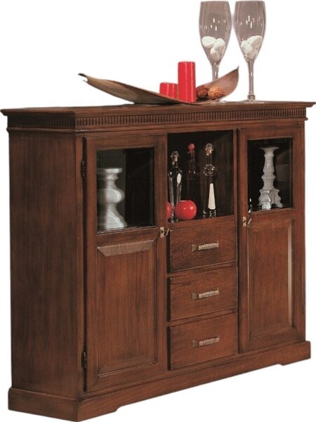 Mobili 2g - credenza vetrina arte povera 2 porte 3 cassetti legno tinta noce 150x47x130 (1220)
