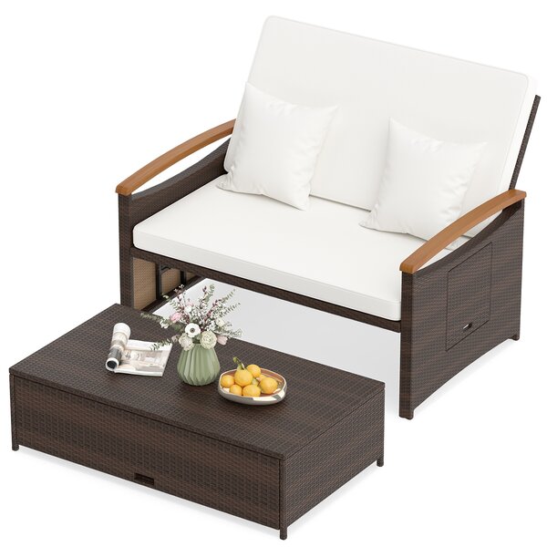 Costway Letto da giorno in rattan per patio con schienale regolabile, Set 2 pezzi con divanetto e pouf per giardino e piscina