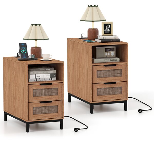 Costway Set di 2 comodini rattan stazione ricarica tavolino letto boho, 2 Comodini ripiano aperto 2 cassetti gambe metallo camera soggiorno ingresso Naturale