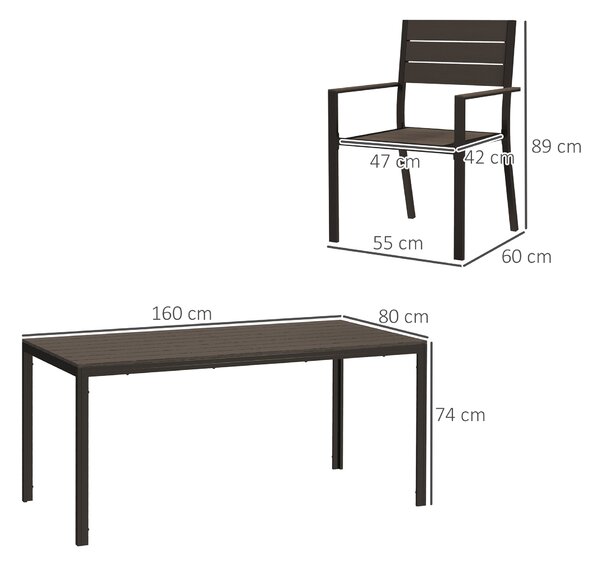 Outsunny Set da Esterno con Tavolo da Pranzo Rettangolare e 6 Sedie Impilabili con Braccioli, Marrone