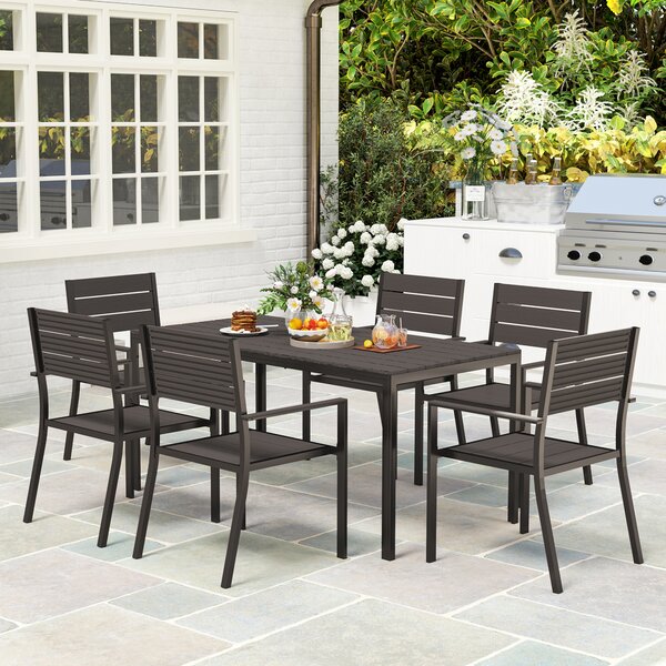 Outsunny Set da Esterno con Tavolo da Pranzo Rettangolare e 6 Sedie Impilabili con Braccioli, Marrone