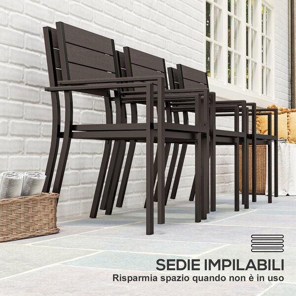 Outsunny Set da Esterno con Tavolo da Pranzo Rettangolare e 6 Sedie Impilabili con Braccioli, Marrone