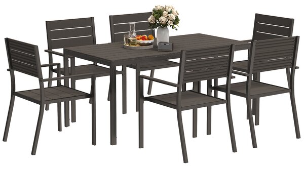 Outsunny Set da Esterno con Tavolo da Pranzo Rettangolare e 6 Sedie Impilabili con Braccioli, Marrone