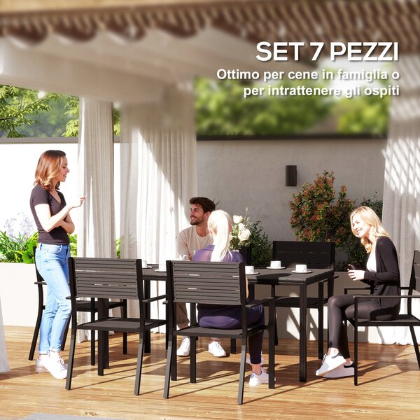 Outsunny Set da Esterno con Tavolo da Pranzo Rettangolare e 6 Sedie Impilabili con Braccioli, Marrone