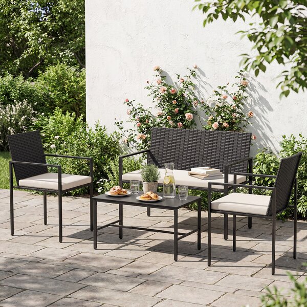 Costway Set di salotto da giardino a 4 pezzi in rattan con tavolino da caffè in vetro temperato, Poltrone da esterno per patio cortile Beige
