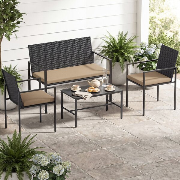 Costway Set di salotto da giardino a 4 pezzi in rattan con tavolino da caffè in vetro temperato, Poltrone da esterno per patio cortile Giallo