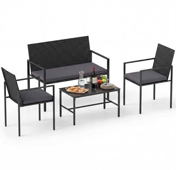 Costway Set di salotto da giardino a 4 pezzi in rattan con tavolino da caffè in vetro temperato, Poltrone da esterno per patio cortile Grigio