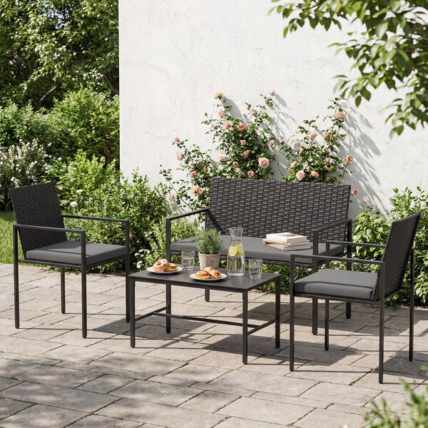 Costway Set di salotto da giardino a 4 pezzi in rattan con tavolino da caffè in vetro temperato, Poltrone da esterno per patio cortile Grigio