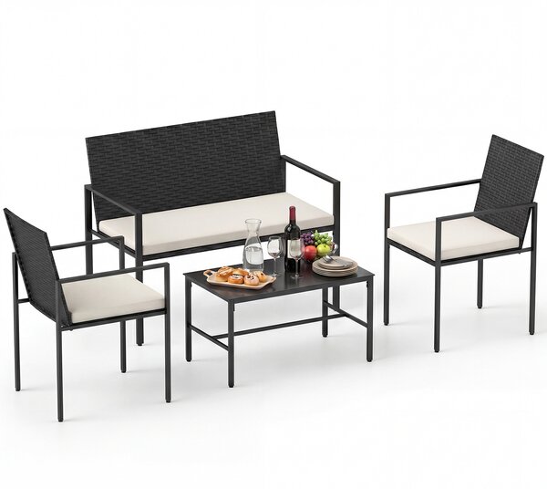 Costway Set di salotto da giardino a 4 pezzi in rattan con tavolino da caffè in vetro temperato, Poltrone da esterno per patio cortile Beige