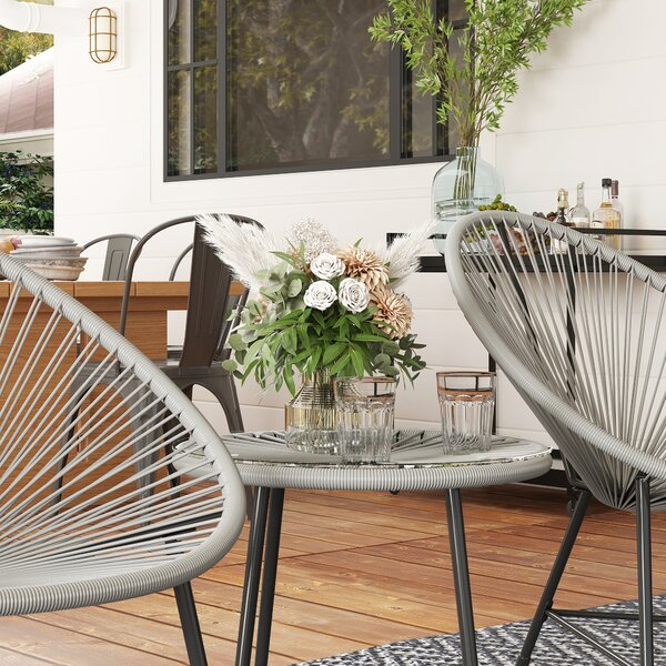 Outsunny Set di mobili da giardino 3 pezzi, 2 sedie in PE-Rattan, 1 tavolo con piano in vetro, struttura in acciaio, mobili da esterno, Grigio | Aosom Italy