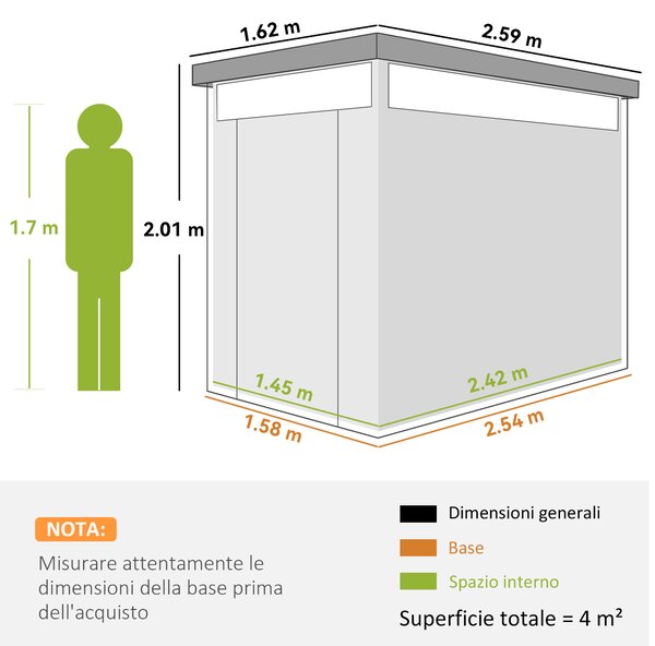 Outsunny Capanno da Giardino con Lucernario in Acrilico e Fori di Drenaggio, Casetta in Acciaio, 162x259x201 cm, Grigio Scuro | Aosom Italy